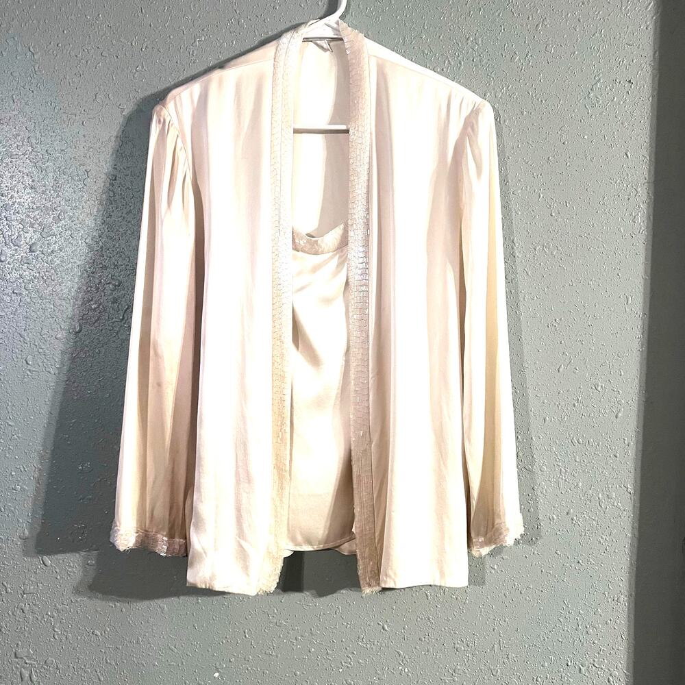 Shintal Women Ivory silk camisole top and jacket iridescent glass beading Sz 10